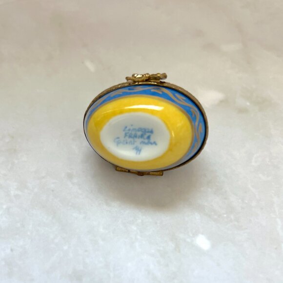 Peint Main Limoges Egg Trinket Box: Blue Gold Wave, Bow Clasp - Picture 4 of 6
